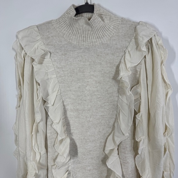 FIGARO Beige Sweater Long Sleeve Ruffle Knit Mini Dress  Quiet Luxury Size 2 - Picture 4 of 13